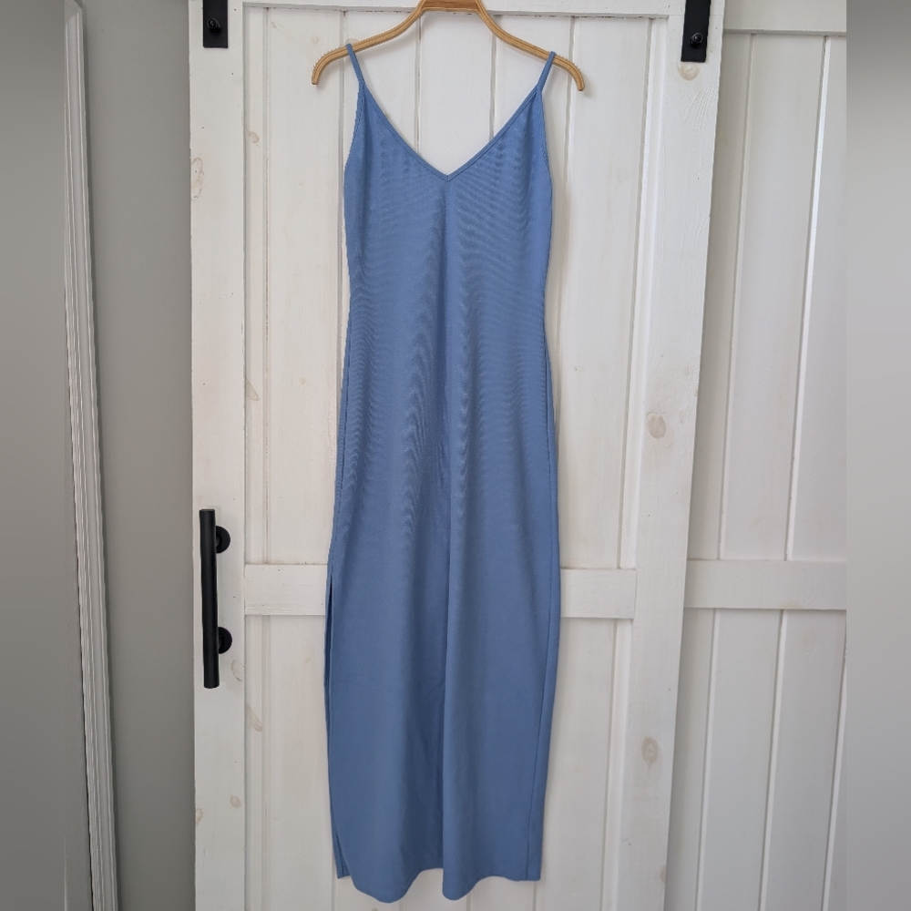 Rusty Ribbed Blue Maxi Dress With Slit